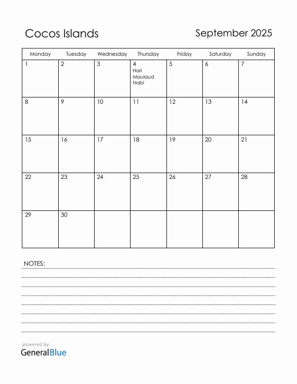 September 2025 Cocos Islands Calendar with Holidays (Monday Start)