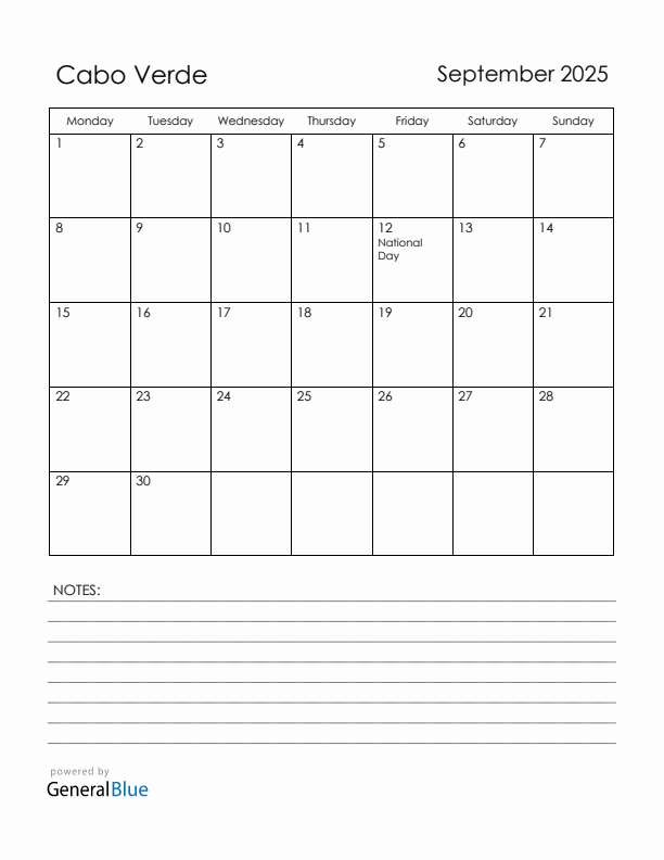 September 2025 Cabo Verde Calendar with Holidays (Monday Start)