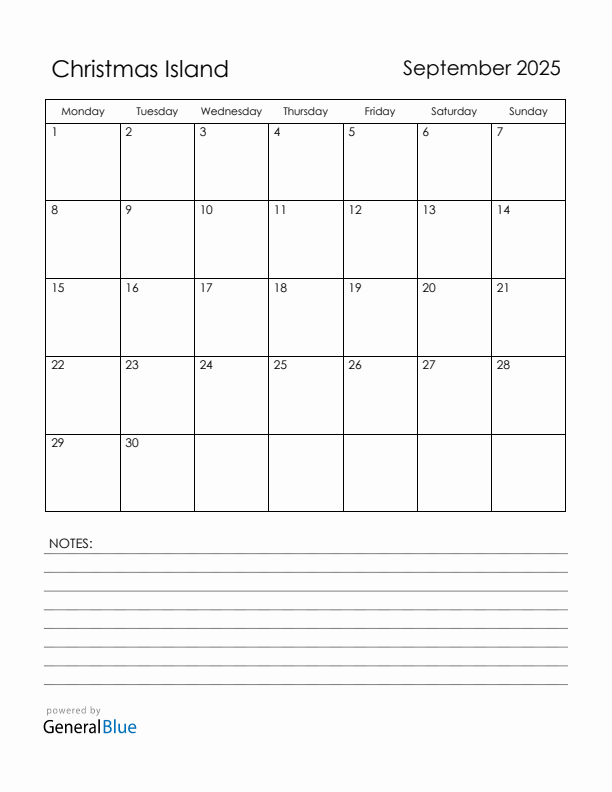 September 2025 Christmas Island Calendar with Holidays (Monday Start)