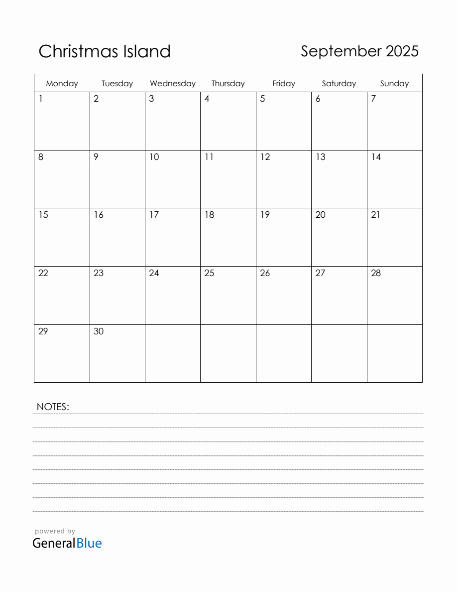 September 2025 Christmas Island Calendar with Holidays