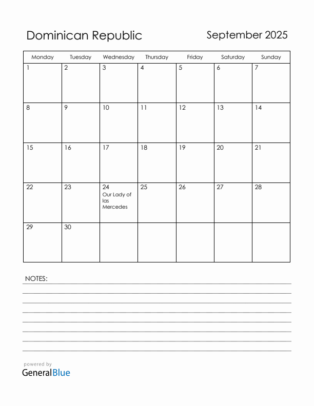 September 2025 Dominican Republic Calendar with Holidays (Monday Start)
