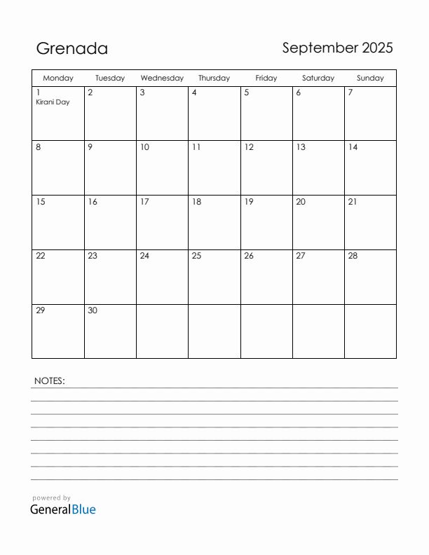 September 2025 Grenada Calendar with Holidays (Monday Start)