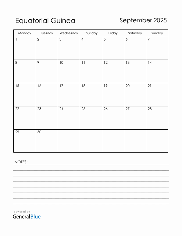 September 2025 Equatorial Guinea Calendar with Holidays (Monday Start)