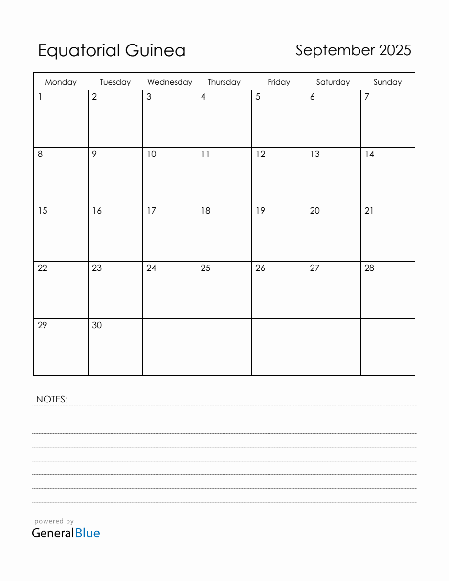 September 2025 Equatorial Guinea Calendar with Holidays