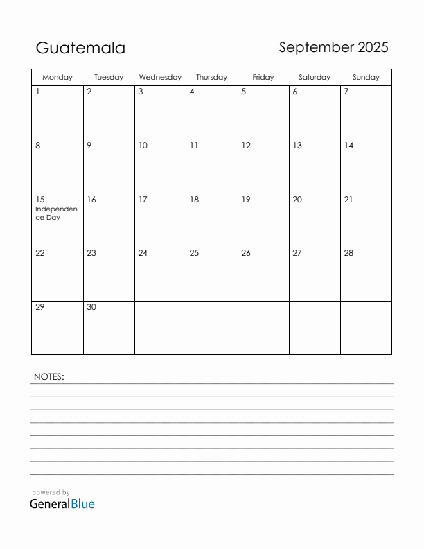 September 2025 Guatemala Calendar with Holidays (Monday Start)