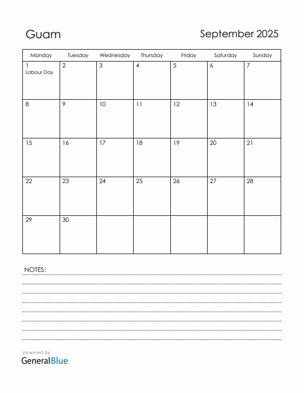 September 2025 Guam Calendar with Holidays (Monday Start)