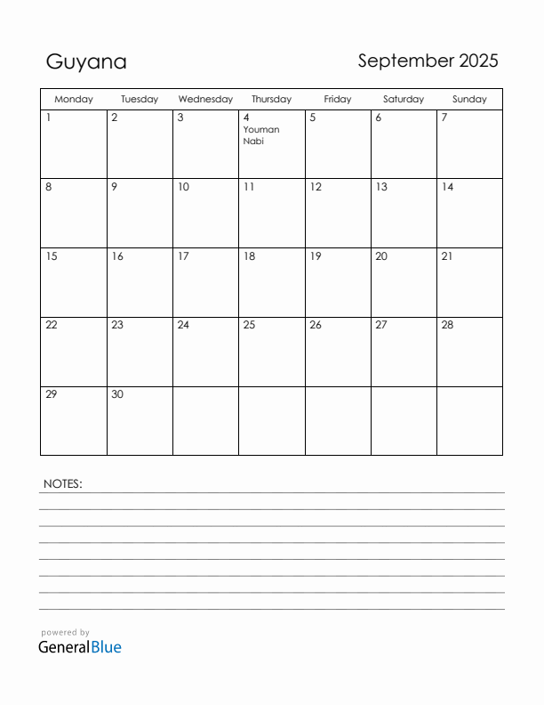 September 2025 Guyana Calendar with Holidays (Monday Start)