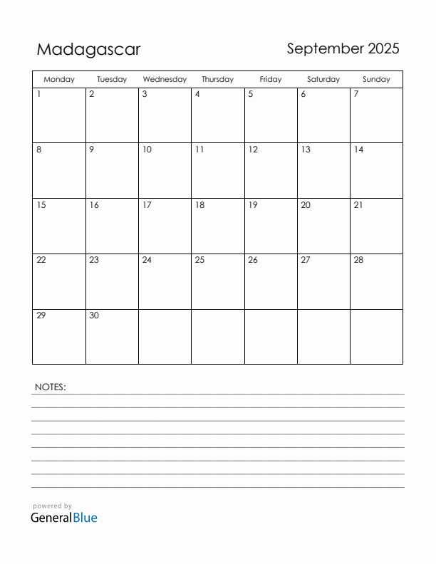 September 2025 Madagascar Calendar with Holidays (Monday Start)
