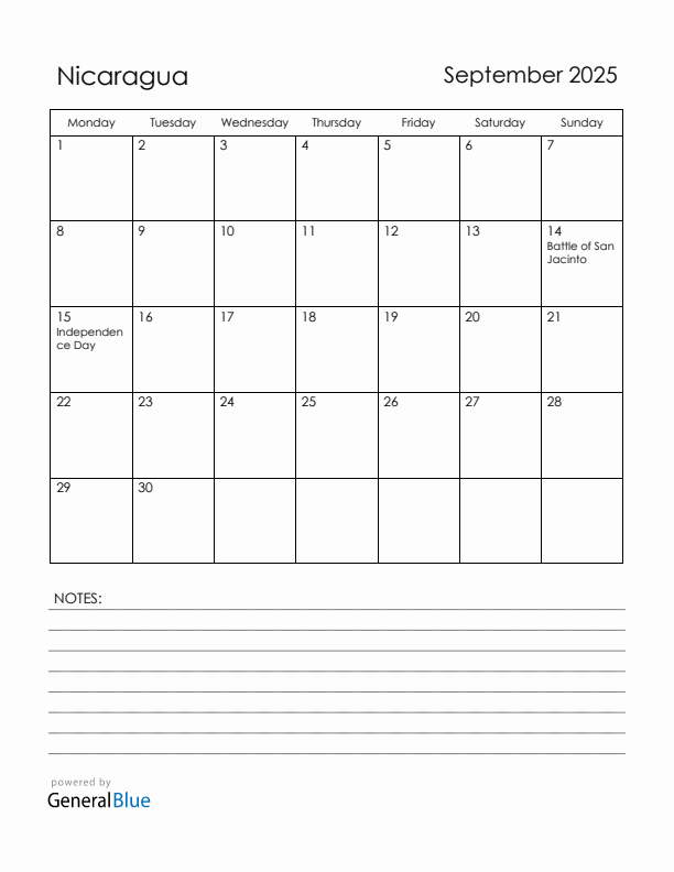 September 2025 Nicaragua Calendar with Holidays (Monday Start)