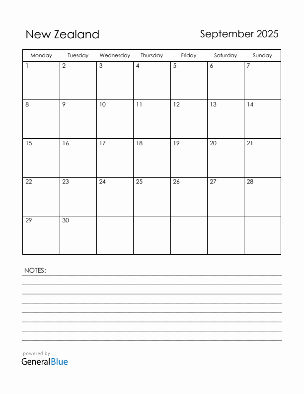 September 2025 New Zealand Calendar with Holidays (Monday Start)