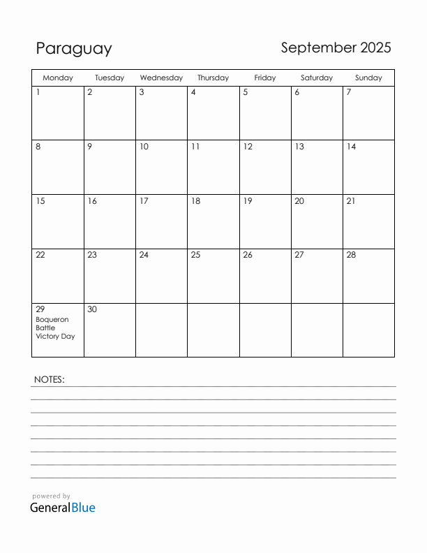 September 2025 Paraguay Calendar with Holidays (Monday Start)