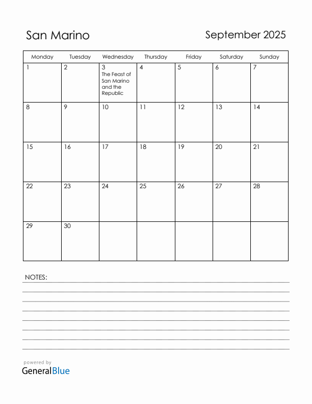 September 2025 San Marino Calendar with Holidays (Monday Start)