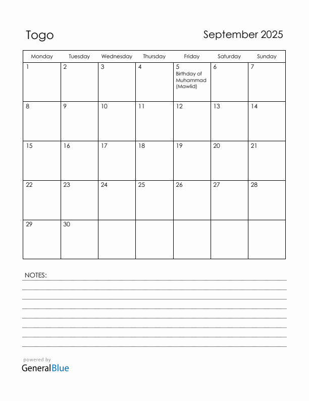 September 2025 Togo Calendar with Holidays (Monday Start)
