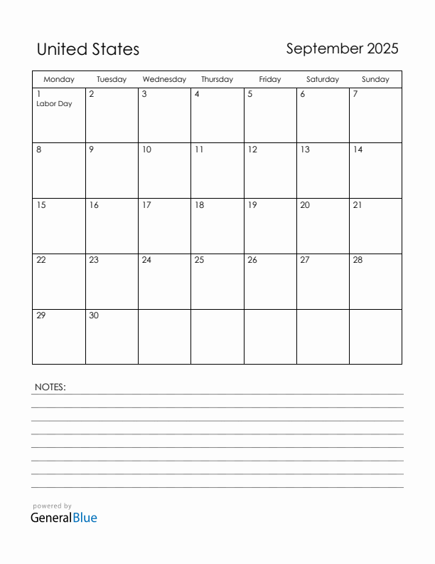 September 2025 United States Calendar with Holidays (Monday Start)