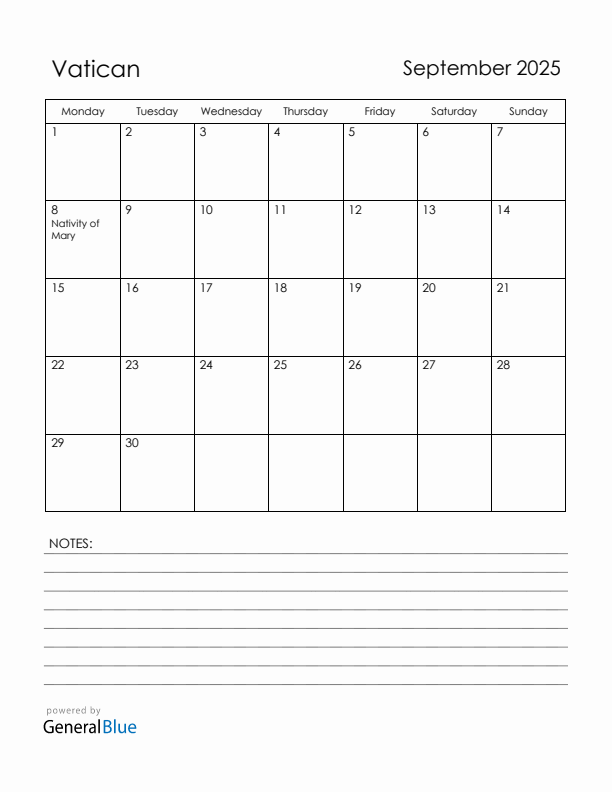 September 2025 Vatican Calendar with Holidays (Monday Start)