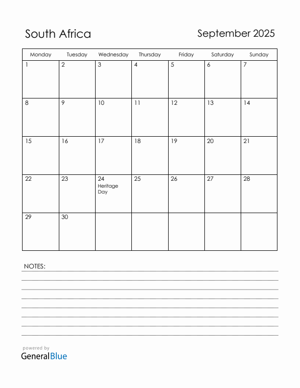 September 2025 South Africa Calendar with Holidays (Monday Start)