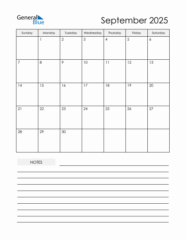 Printable Calendar with Notes - September 2025 