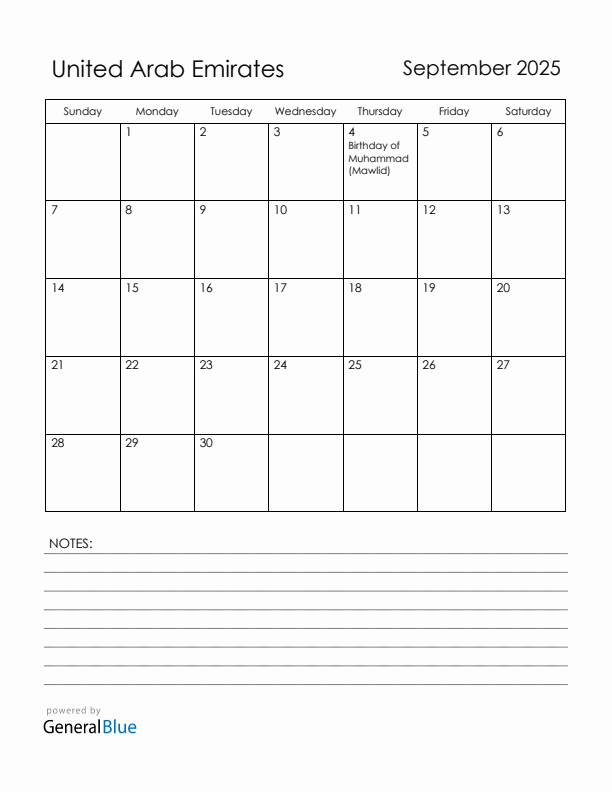 September 2025 United Arab Emirates Calendar with Holidays (Sunday Start)