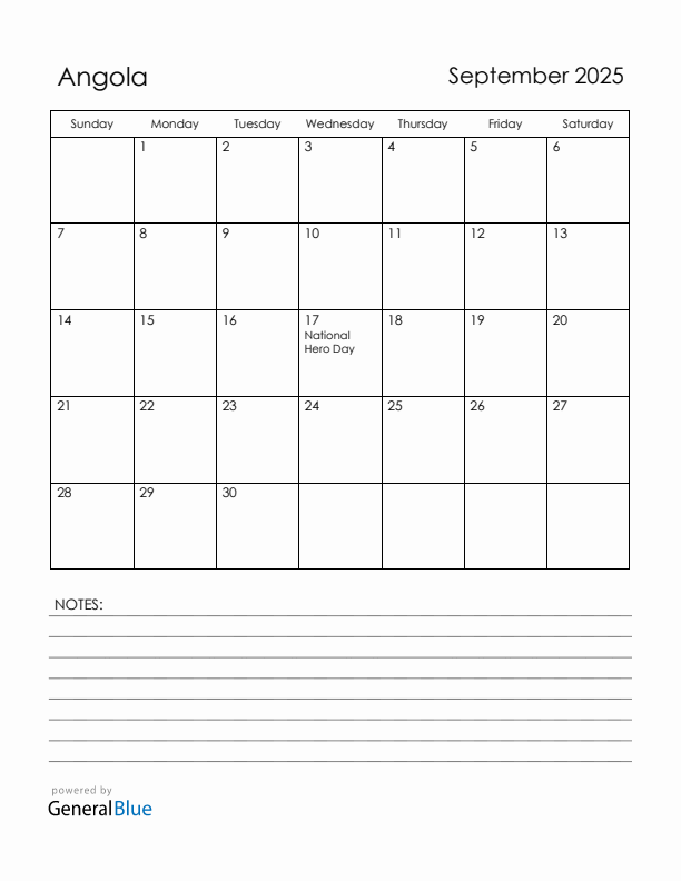 September 2025 Angola Calendar with Holidays (Sunday Start)