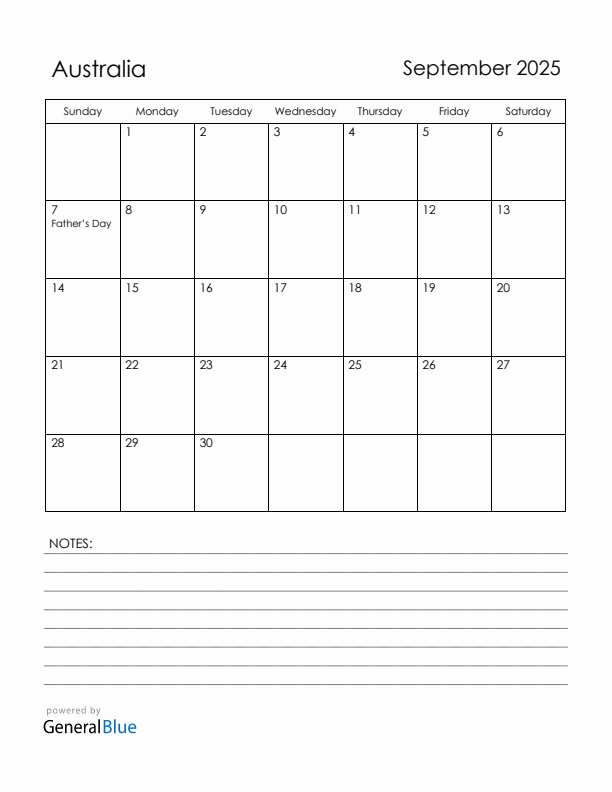September 2025 Australia Calendar with Holidays (Sunday Start)