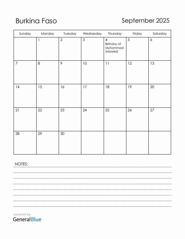 September 2025 Burkina Faso Calendar with Holidays (Sunday Start)