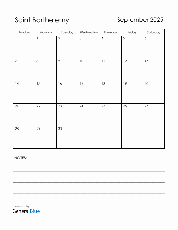 September 2025 Saint Barthelemy Calendar with Holidays (Sunday Start)