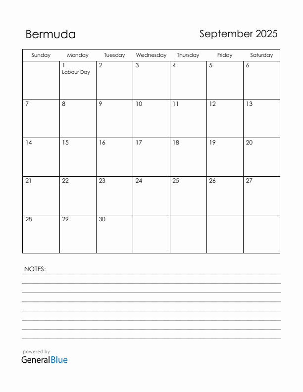 September 2025 Bermuda Calendar with Holidays (Sunday Start)