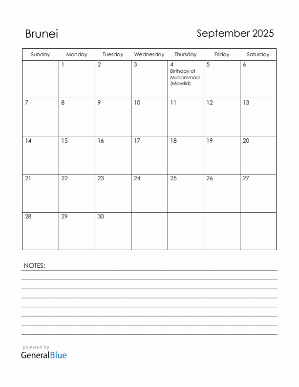 September 2025 Brunei Calendar with Holidays (Sunday Start)