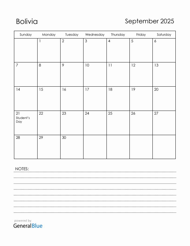 September 2025 Bolivia Calendar with Holidays (Sunday Start)