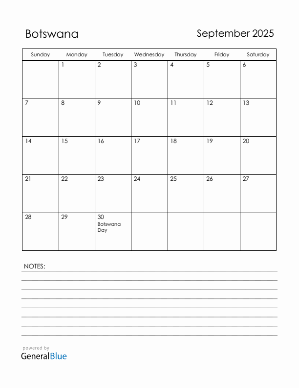 September 2025 Botswana Calendar with Holidays (Sunday Start)