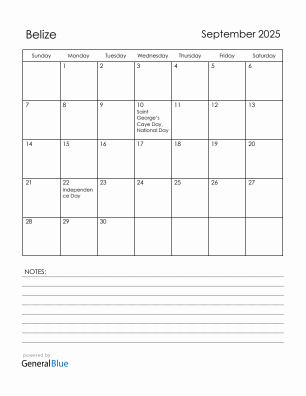 September 2025 Belize Calendar with Holidays (Sunday Start)