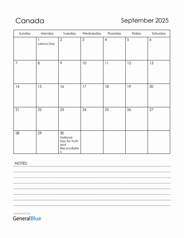 September 2025 Canada Calendar with Holidays (Sunday Start)