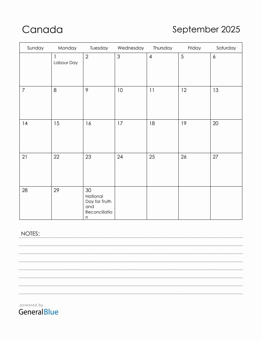 September 2025 Canada Calendar with Holidays