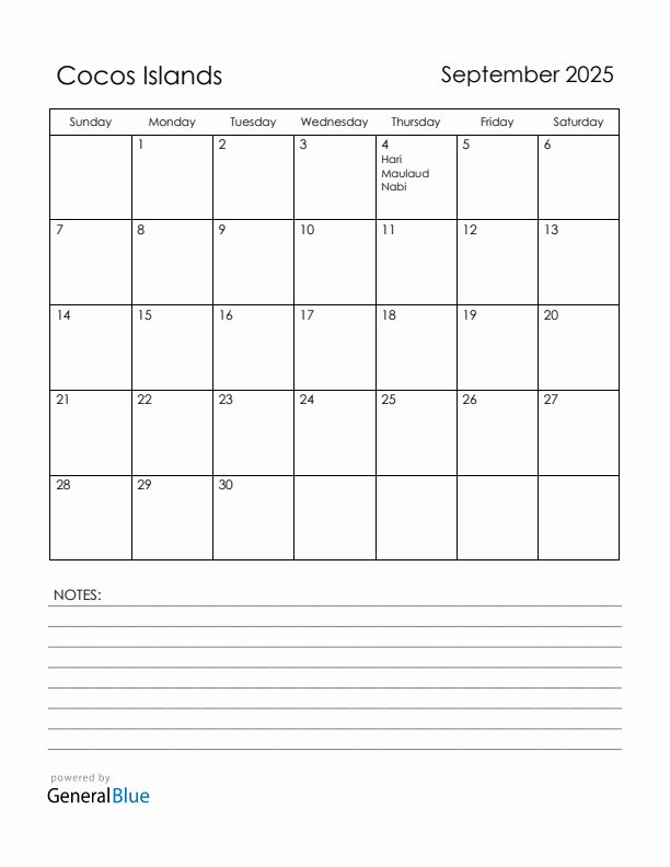 September 2025 Cocos Islands Calendar with Holidays (Sunday Start)