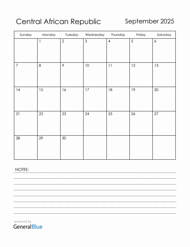 September 2025 Central African Republic Calendar with Holidays (Sunday Start)