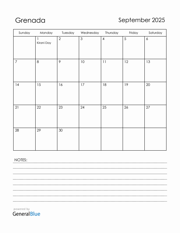September 2025 Grenada Calendar with Holidays (Sunday Start)