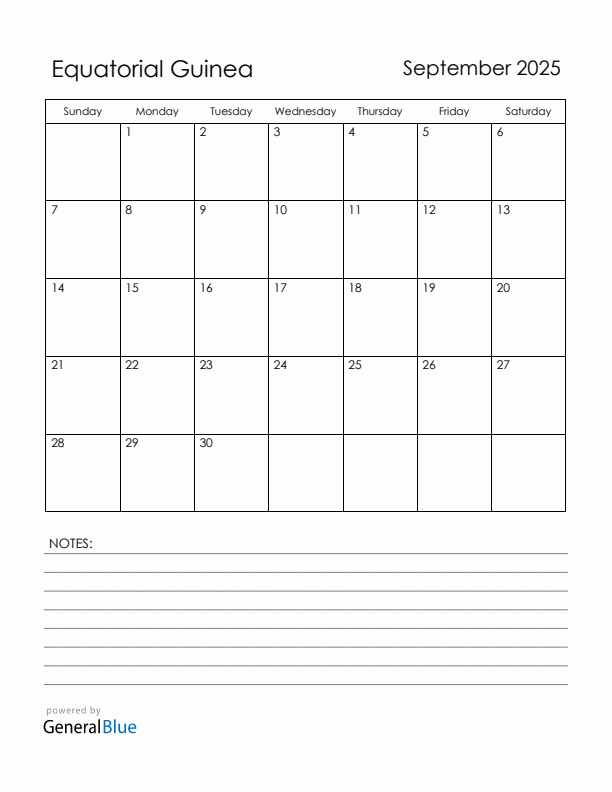 September 2025 Equatorial Guinea Calendar with Holidays (Sunday Start)
