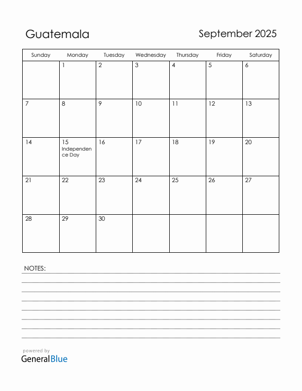 September 2025 Guatemala Calendar with Holidays (Sunday Start)