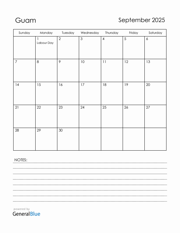 September 2025 Guam Calendar with Holidays (Sunday Start)