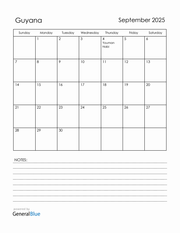 September 2025 Guyana Calendar with Holidays (Sunday Start)