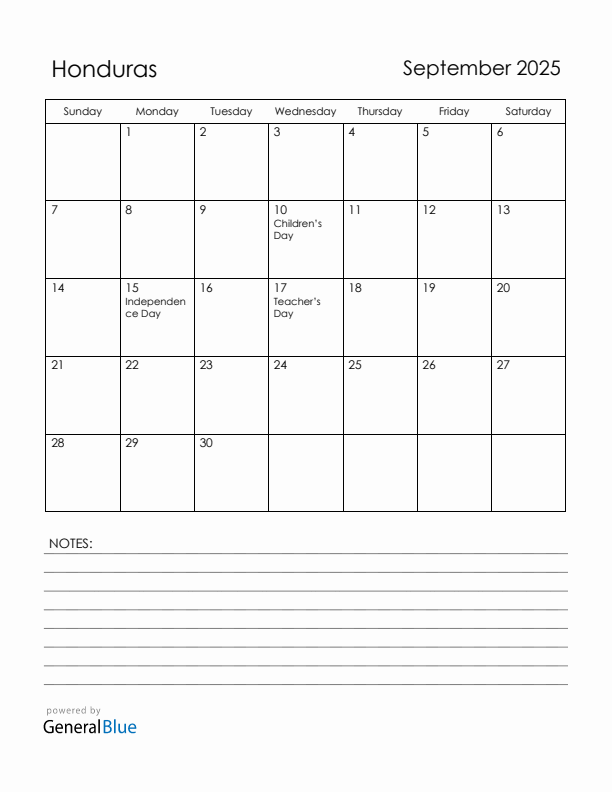 September 2025 Honduras Calendar with Holidays (Sunday Start)