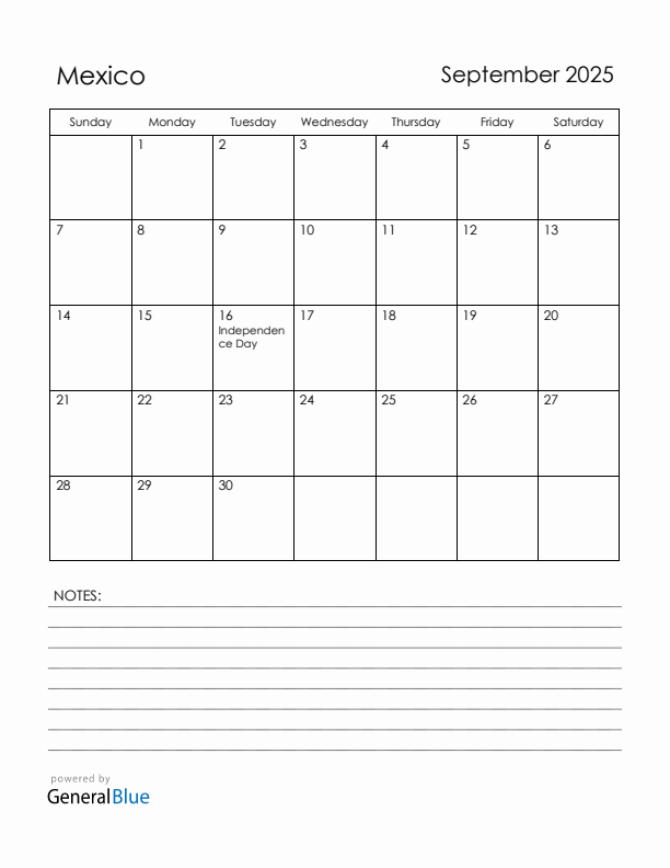 September 2025 Mexico Calendar with Holidays (Sunday Start)