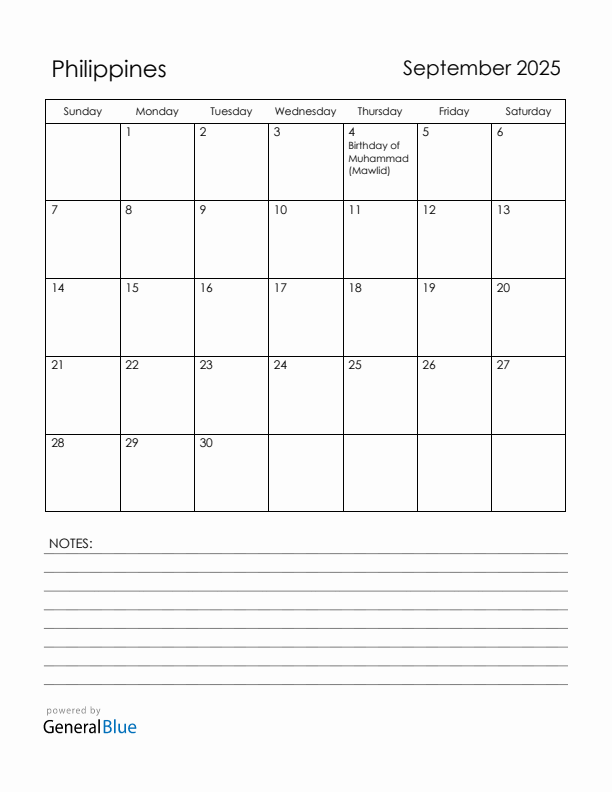 September 2025 Philippines Calendar with Holidays (Sunday Start)