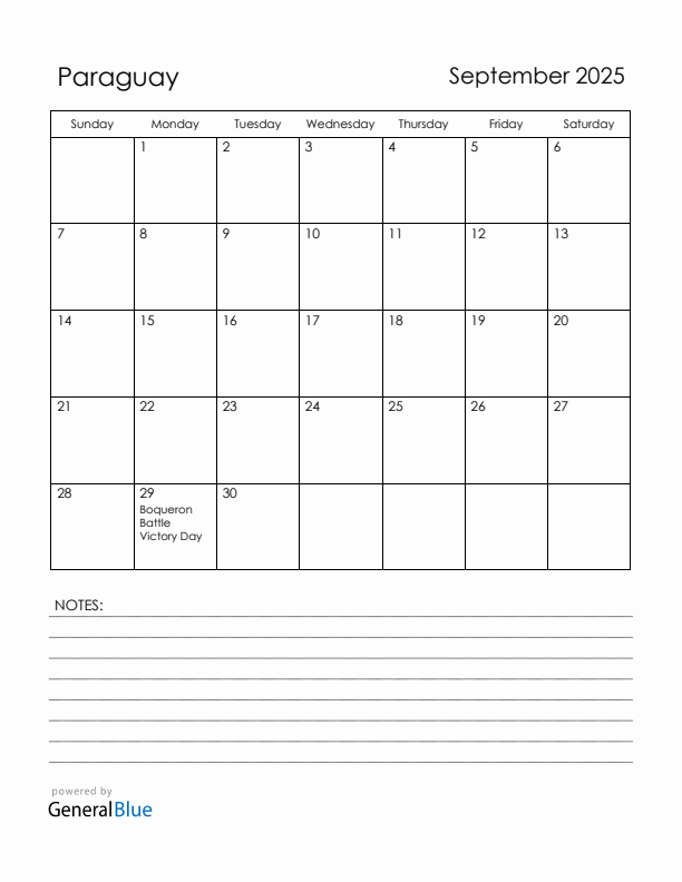 September 2025 Paraguay Calendar with Holidays (Sunday Start)