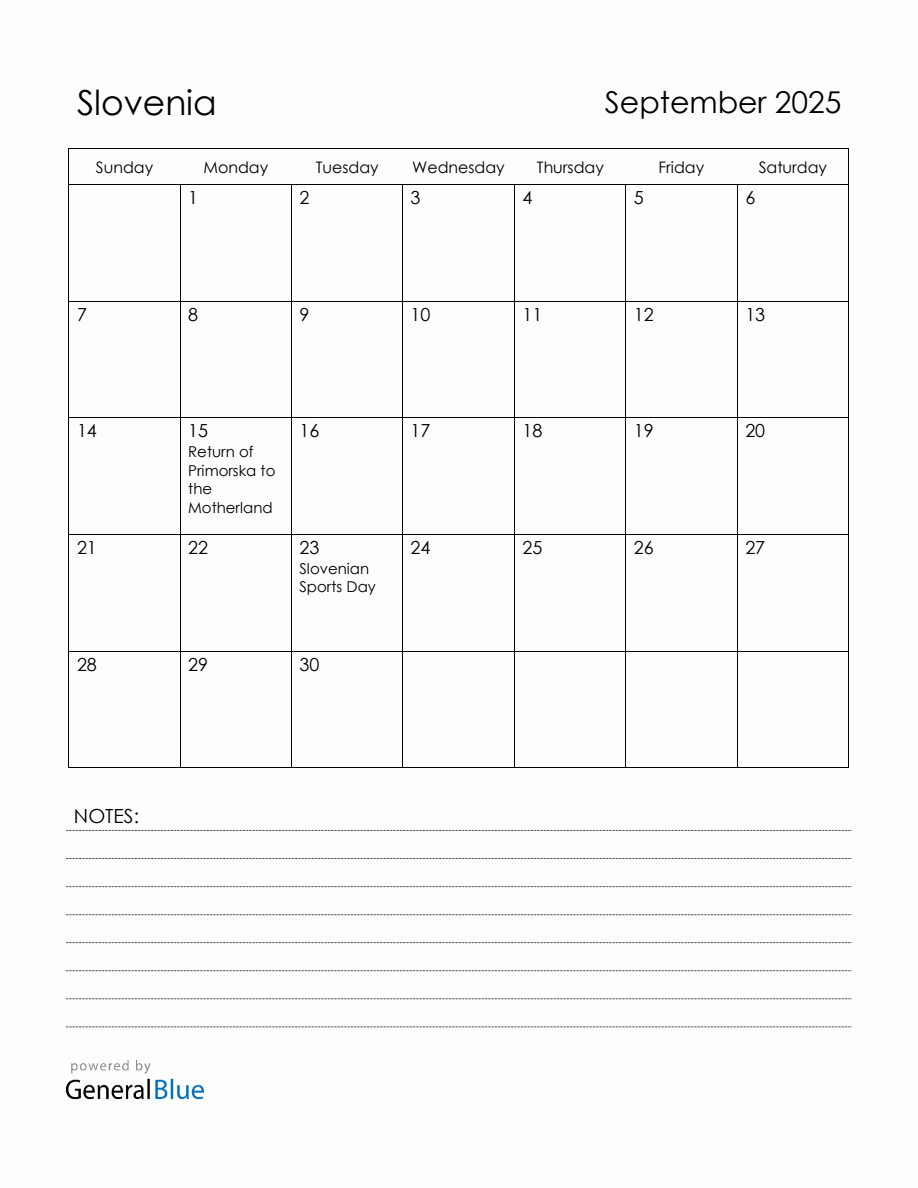 September 2025 Slovenia Calendar with Holidays