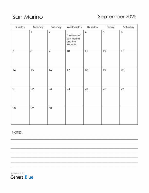 September 2025 San Marino Calendar with Holidays (Sunday Start)