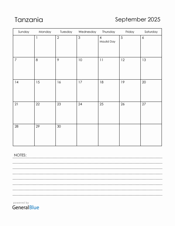 September 2025 Tanzania Calendar with Holidays (Sunday Start)