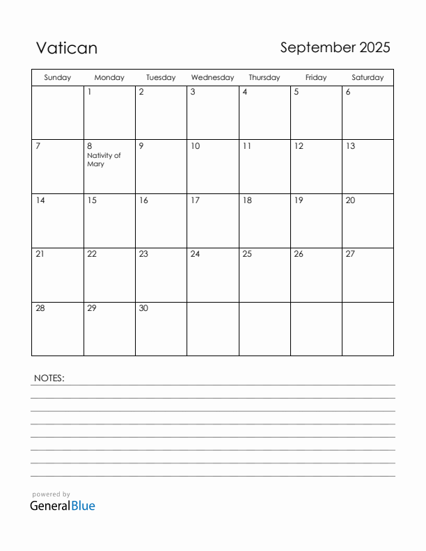 September 2025 Vatican Calendar with Holidays (Sunday Start)