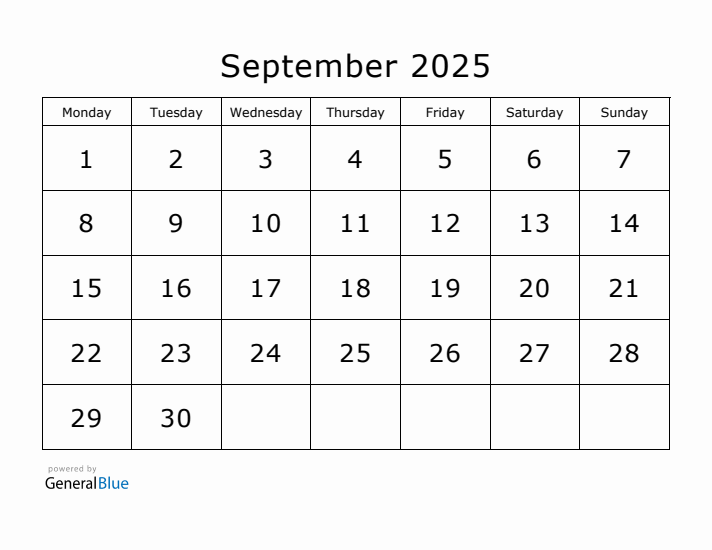 Printable September 2025 Calendar - Monday Start