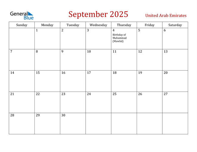 United Arab Emirates September 2025 Calendar